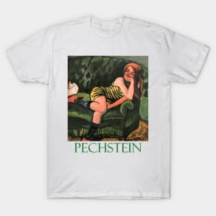 Girl on a Green Sofa with a Cat by Max Pechstein T-Shirt